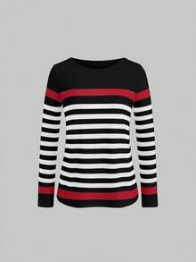 EMERY ROSE Striped Print Tee For New Year Clothes Graphic Tees Women Tops Fall Cloth For Women - Red - View 1