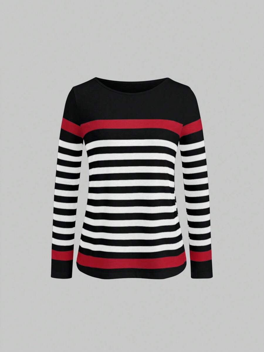 EMERY ROSE Striped Print Tee For New Year Clothes Graphic Tees Women Tops Fall Cloth For Women - Red - View 1