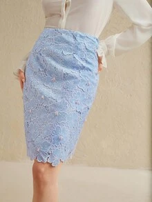 Anewsta 女士度假风格镂空刺绣水钻装饰高腰派对裙 - 淺藍色 - 查看 3