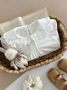 SHEIN Baby Girl Sweet White Peter Pan Collar Blouse,Elegant Long Sleeve Ruffle Shirt - White - View 4