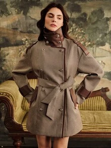 Anewsta Women's Classic Plaid Design Contrast Color Faux Leather Lapel Loose Fit Coat, Suitable For Autumn, Winter, Going Out, Elegant, Formal, Party, Chic, New Year, Christmas, Work, Graduation, Wedding