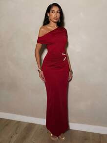 Glamine 女式不对称褶饰不对称肩部金属装饰束腰无袖连衣裙