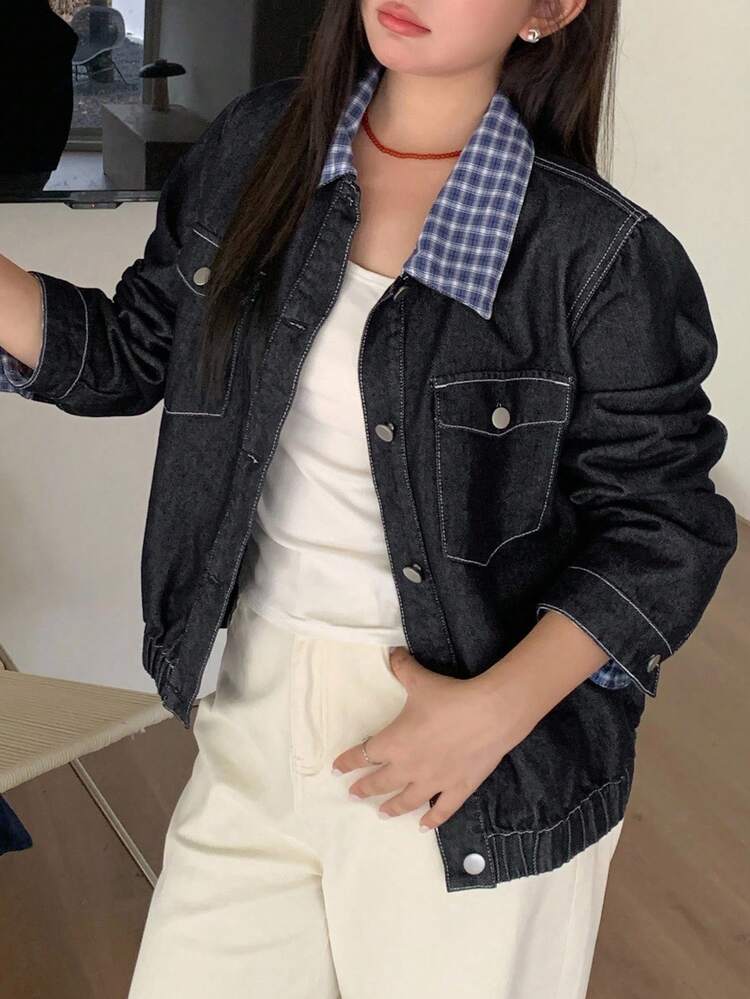 Dazy Plus Dark Washed Blue Contrast Plaid Collar Loose Pocket Denim Jacket, Spring/Autumn