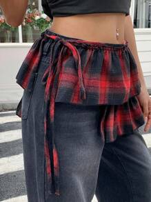 Dazy Plus Falda con cintura anudada y diseño de capas en tela a cuadros para mujer de talla grande - Burdeos - Ver 1