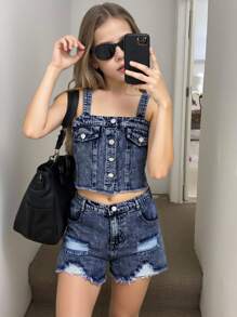 SHEIN Tween Girls Fashion Fitted Slim Stylish Distressed Light Wash Blue Denim Camisole Top Paired With Fitted Slim Distressed Light Wash Blue Denim Shorts, Casual Daily Versatile Girls Denim Set Fall Winter - Dark Wash - View 3