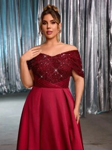 Glamrae Váy dạ hội cỡ lớn mùa thu đông thanh lịch và lộng lẫy màu đỏ rượu vang đính sequin, chất liệu satin sáng bóng, kiểu dáng trễ vai xếp ly, thích hợp cho các buổi tối, tiệc độc thân, hẹn hò, lễ hội, khiêu vũ, lễ tốt nghiệp, đám cưới, sự kiện dạ hội (kiểu dáng cầu kỳ), trang phục Gothic, Ngày Valentine. - Màu Đỏ Sâu - Xem 8