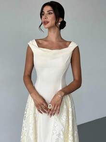 Firerie 女士优雅精致浪漫度假约会日常时尚新款低胸花卉镂空纹理腰部 A 字中长奶油黄色连衣裙 - 淡黃色 - 查看 3