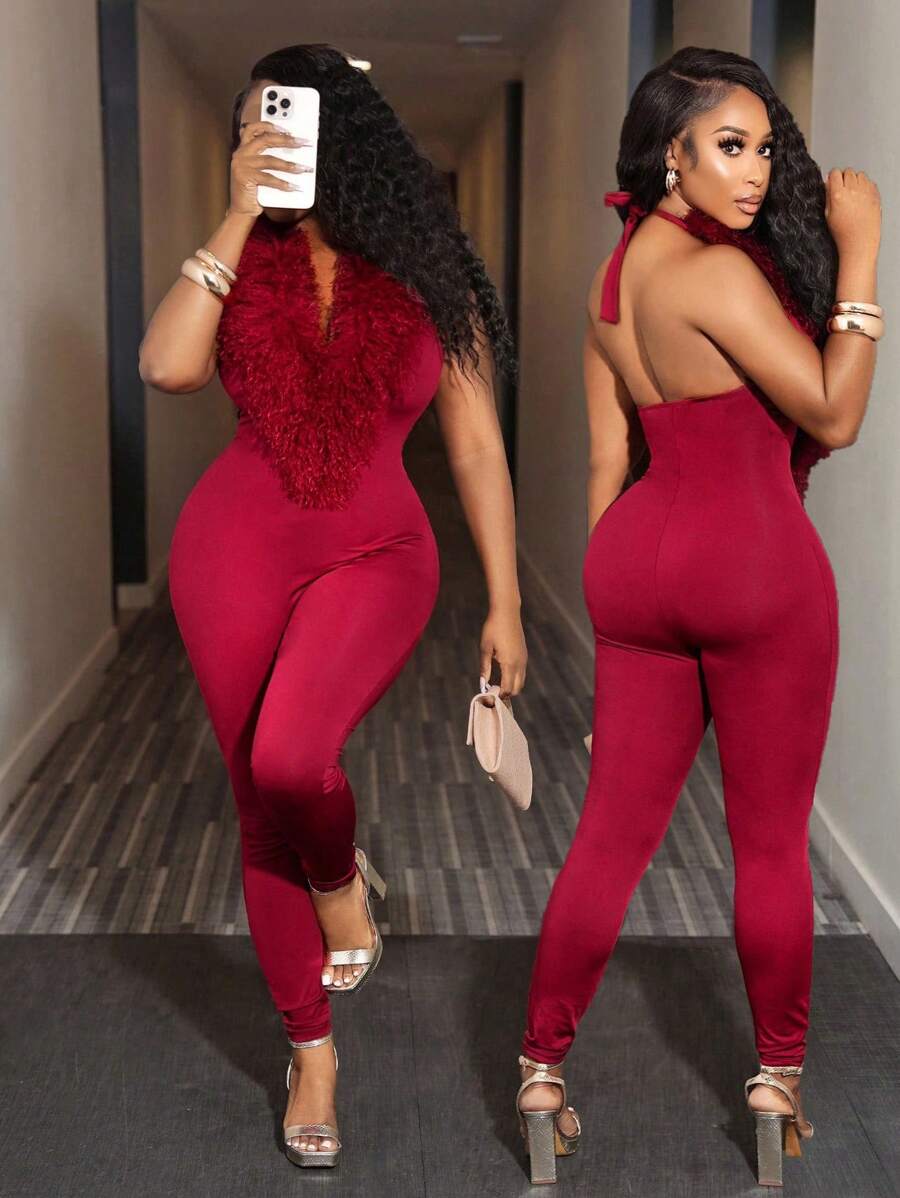 BamGleam Christmas Rave Party Women's Solid Color Furry Turtleneck Bodycon Jumpsuit - Burgundy - View 1