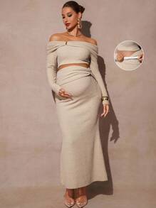 MaterniChic 2pcs Maternity Elegant Solid Color Off-Shoulder Cropped Top And Skirt Set  Fall Clothes  Maternity  Baby Shower  Off The Shoulder - Khaki - View 1