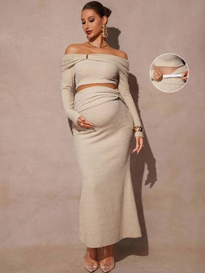 MaterniChic 2件套孕妇优雅纯色露肩短款上衣和裙子套装