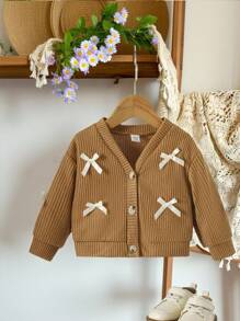 SHEIN Vintaside Kids Baby Girl V-Neck Bow Solid Color Long Sleeve Cardigan Sweater, Spring/Autumn Outerwear Fall Winter - Coffee Brown - View 7