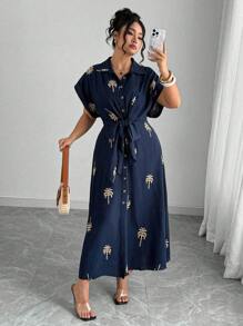 Franclia Robe mi-longue romantique pour vacances en tissu tressé avec broderie, col montant et ceinture à nouer, pour femmes de grande taille