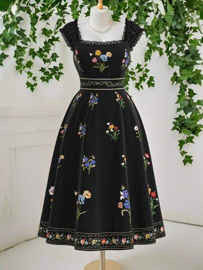 SHEIN MOD 大码女式优雅花卉印花黑色喇叭袖长裙，基本款、简约款、浪漫款、日常款、办公室款、派对款、音乐节款、下午茶款