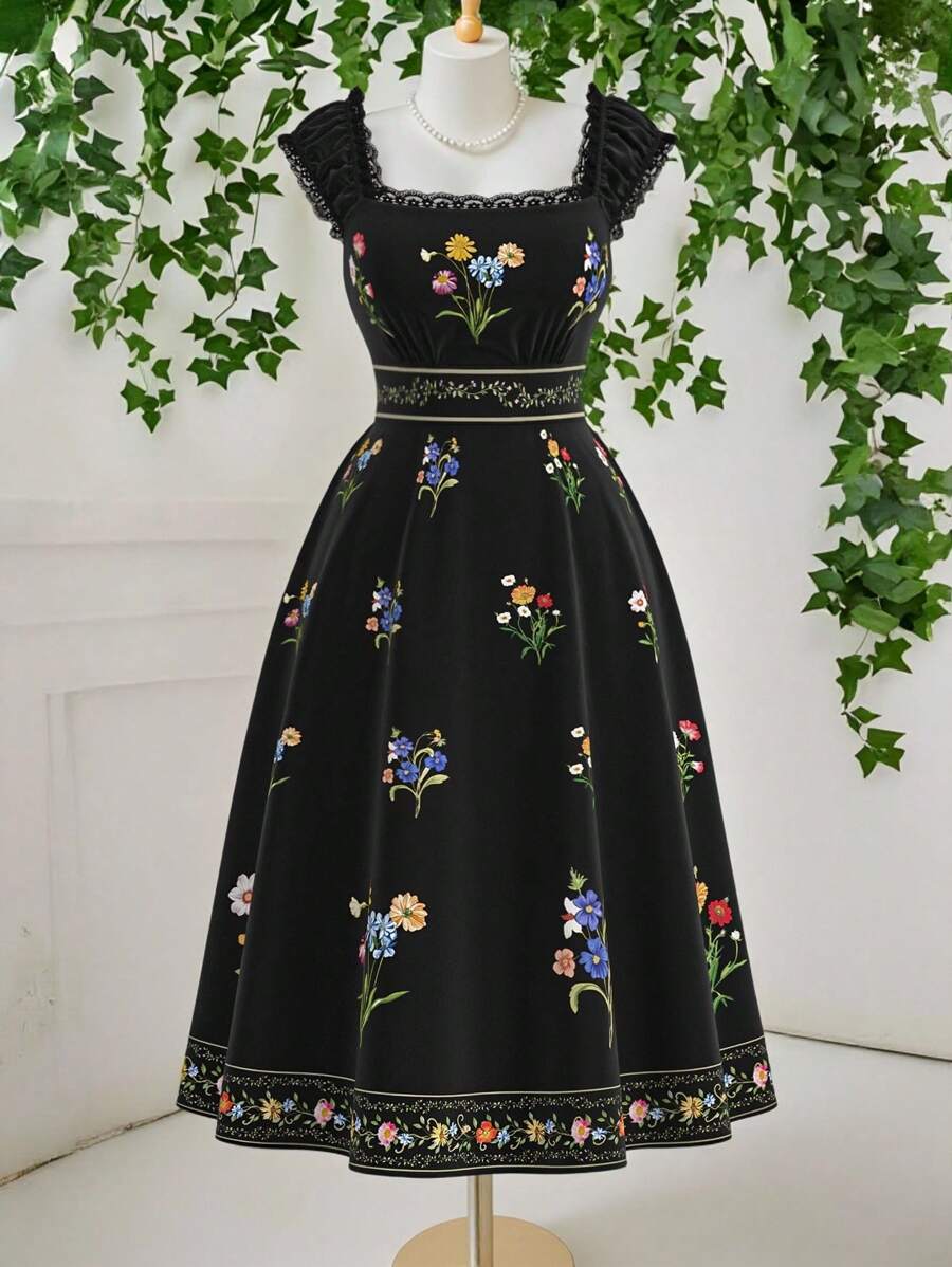 SHEIN MOD Plus Size Women's Elegant Floral Print Black Bell Sleeve Maxi Dress, Basic, Simple, Romantic, Daily, Office, Party, Music Festival, Afternoon Tea,Renalssance Dress,Teacher Dress,Homecoming Dresses, Black Floral Dress, Vintage Dress, Garden Dress, Wildflower Dress, French Dress - Black - View 1