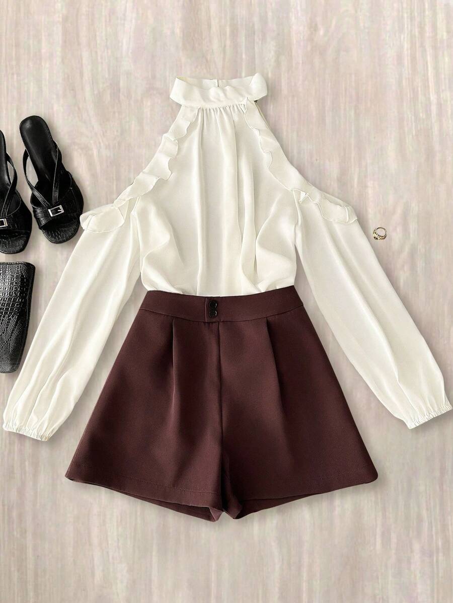 INAWLY Bộ 2 món áo sơ mi dài tay trễ vai bèo nhún màu trơn và quần short cho nữ - Nhiều màu - Xem 1