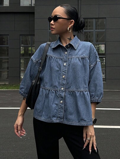 DAZY 女款翻領泡泡袖寬鬆休閒牛仔上衣