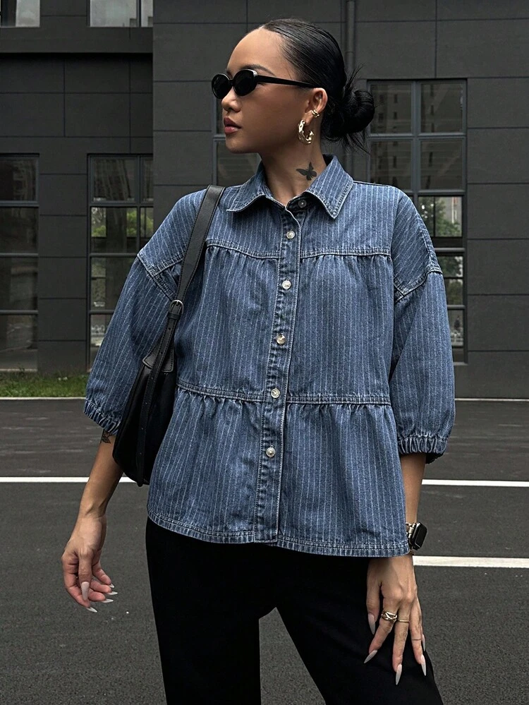 Women's Turndown Collar Puff Sleeve Loose Casual Denim Blouse