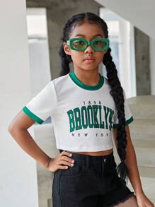 Tween Girl White Alphabet Sports Style Simple Fashionable Basic Short Sleeve T-Shirt With Round Neck For Summer,Holiday,Summer,Travel - White - View 5