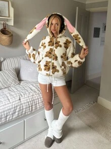 CovetEZ 熊图案毛绒兔耳女式连帽夹克 - 米色 - 查看 5