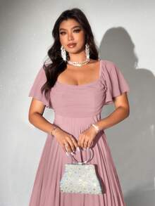 Viva Relle 大码女式优雅浪漫褶皱雪纺荷叶边袖短袖派对礼服，适合婚礼 - 藕粉色 - 查看 4