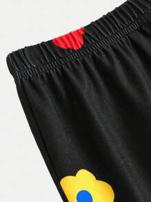 Girlism 2 件套青少年女孩黑色针织圆领彩色花卉图案休闲宽松运动衫上衣和喇叭裤套装，适合春季、秋季、冬季、干净女孩、返校季节 - 黑色 - 查看 4
