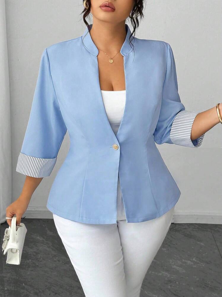 Elenzga Plus Size V-Neck Open Front Elegant Commuting Colorblock Striped Cuff 3/4 Sleeve 2 In 1 Versatile Work Suit Jacket Graduation,Back To School,Teacher Outfits For Women Winter Fall Autumn - Blue - View 4
