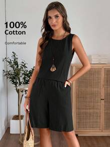 EMERY ROSE Women's Solid Color Round Neck Sleeveless Top And Shorts Casual 2 Pieces Set Short Sets For Women Vacation