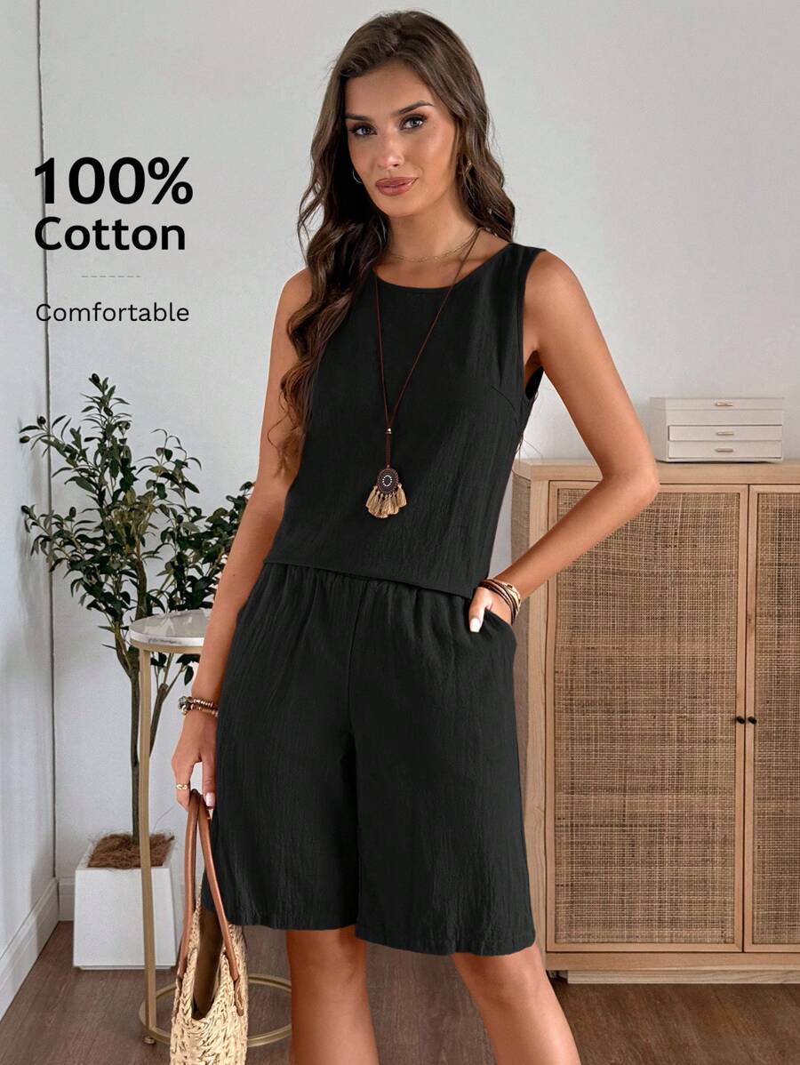 EMERY ROSE Women's Solid Color Round Neck Sleeveless Top And Shorts Casual 2 Pieces Set Short Sets For Women Vacation