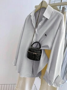 INAWLY 大码休闲通勤条纹长袖衬衫 - 灰色 - 查看 3