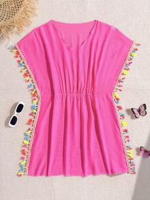 SHEIN 1pc Teen Girl Fashion Fringed Trim Romper - Watermelon Pink - View 3