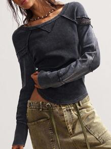 Bohemela Áo thun tay raglan ren tương phản cỡ lớn, thường ngày, mùa thu - màu đen - Xem 6