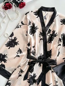 SHEIN 3 件套女士加大码花卉印花优雅缎面内衣睡衣睡衣睡袍 - 黑色 - 查看 4