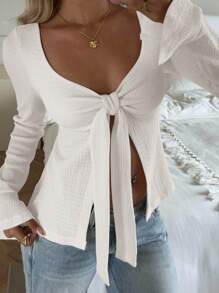 SHEIN EZwear 1 件休闲纯色系带袖口喇叭袖开衩下摆 T 恤 - 白色 - 查看 5