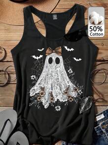 Attitoon Camiseta sin mangas de mujer con gráfico minimalista divertido de fantasma, calabaza y encaje de Halloween