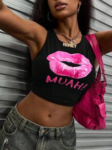 INAWLY Áo ba lỗ in hình môi ngắn thời trang cho mùa hè Áo phông họa tiết cho nữ - màu đen - Xem 5