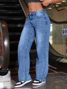 SHEIN Tall Women's Casual Versatile Washed Straight Leg Jeans With Pockets - Light Wash - View 5