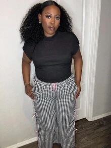 Truni Calça Pantalona de Perna Larga com Laço em Contraste em Xadrez Preto e Branco, Plus Size, Casual
