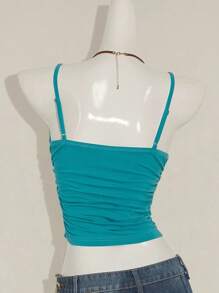 SHEIN ICON Y2k 女款蓝绿色外出刺绣花卉休闲度假海滩性感露背系带短款上衣