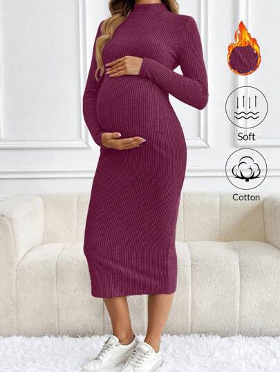 SHEIN Maternity Simple Casual Solid Color Warm Ribbed Knit Dress, Autumn
