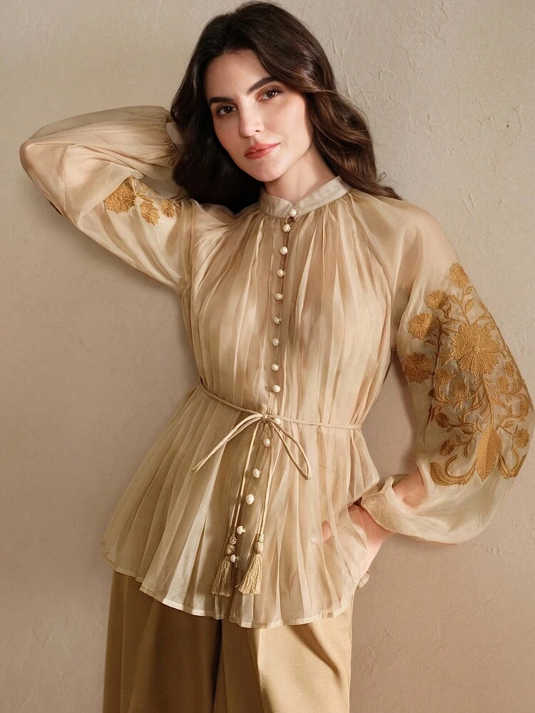 Women's Pleated Embroidered Tie-Waist Shirt, Elegant And Versatile For Work And Casual Wear