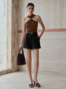 MOTF PREMIUM FOLD PLEATED BUCKLE BELTED SHORTS - Black - View 8