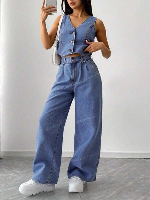 SHEIN Set de 2 piezas de chaleco vaquero con un solo botonadura y pantalones con cintura elástica para adolescentes, ropa casual y cómoda para otoño, ideal para graduaciones, fiestas y vacaciones