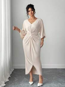 Elenzga 大码女式优雅针织高弹力V领扭纹设计蝙蝠袖中长连衣裙 - 杏色 - 查看 3