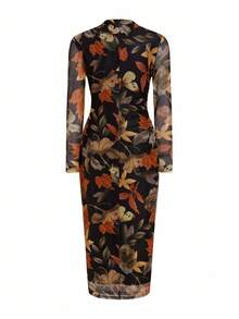Ellevyn Vestido ajustado de manga larga con cuello alto, plisado, con estampado de malla de hoja de arce para mujer - Multicolor - Ver 3