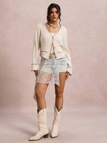 SHEIN VCAY Plus Size Women Casual Fashionable Button-Up Long Sleeve Cardigans Teacher In Fall/Winter - Beige - View 8