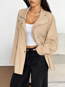 SHEIN EZwear Women's Solid Color Drop Shoulder Long Sleeve Single-Breasted Casual Regular Jacket, Fall Women Clothes - Khaki - View 4