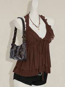 SHEIN ICON Women's Casual Basic Halter Tie Ruffle Hem Double Layer Tank Top Brown Ruffle Top - Brown - View 4