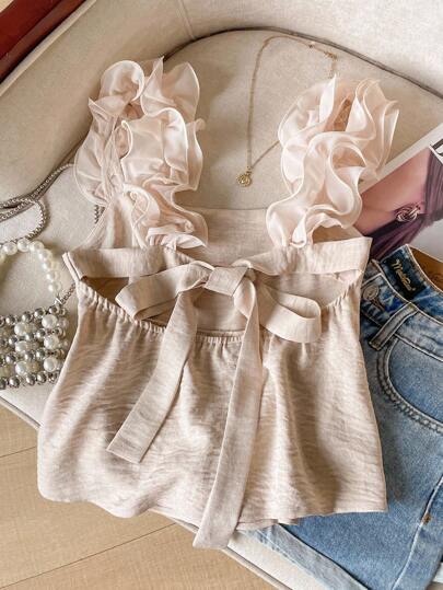 SHEIN Frenchy Vacation Casual Solid Color Ruffle Strap Camisole, Ruffle Top, Bow Top, Beige Top, Linen Top, Tie Back Top,Ruffled Strap Tank Top,Doll-Style Tank Top,Ff The Shoulder Top,Fall Women Clothes,Winter Clothes Women,All-Season,Winter Outfits For Women,Casual Office Outfits Women, French Style Clothes,Business Casual Woman,Elegance,Commute,Minimalist,Office,Old Money,Simple, Business Casual Woman Summer Casual Holiday Resort