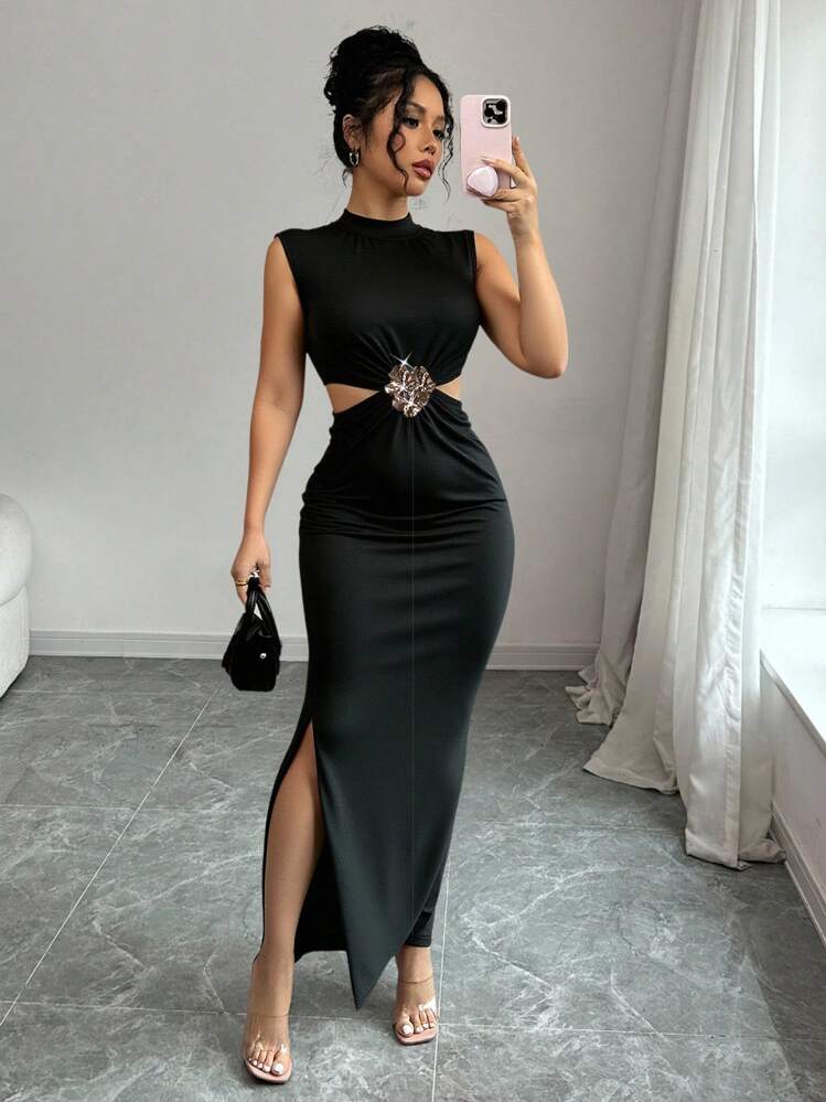 black bodycon dress casual Rafferiza Women's Elegant Mock Neck Hollow Out Metal Floral Sleeveless Dress,Summer Night Out Party Minimalist Solid Color Azazie Maya Pistachio Stretch Halter neck wk31 Colour:Ocean Blue Square neckline