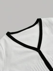 Firerie Conjunto de dos piezas de blusa de manga corta y falda de contraste de color negro y blanco, conjunto de otoño para mujer, conjuntos de faldas de otoño, suéteres de otoño, conjuntos de dos piezas para mujer, ropa de maestra, perfecto para uso diario, ir y venir, citas, temporada de vuelta al colegio